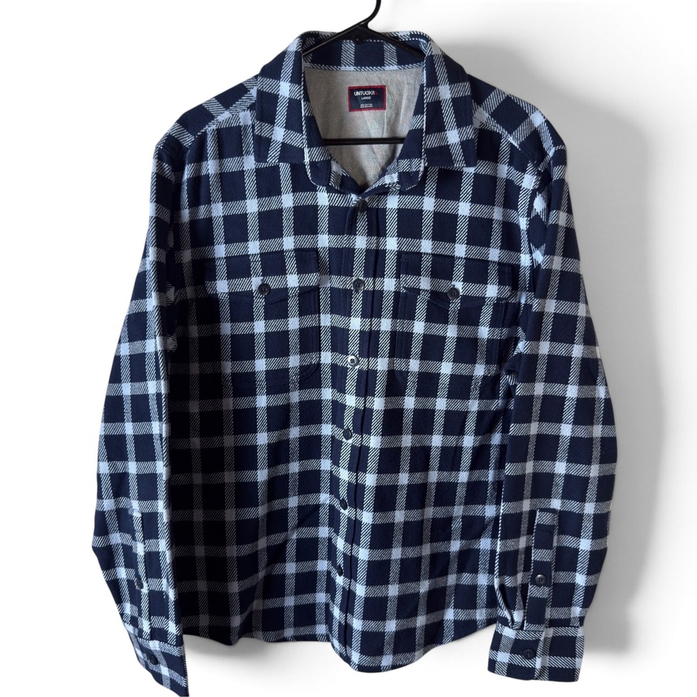 UNTUCKit Heavy Flannel Shirt Navy Blue Plaid Mens Large Button Down Pockets